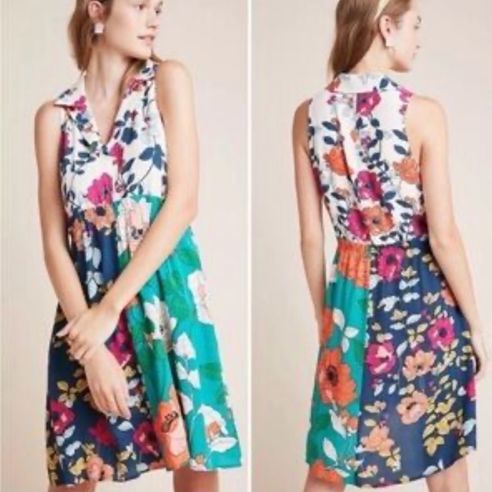 ANTHROPOLOGIE Dinah Tunic Mini Dress Floral somerset hi-low Colorblock Boho 10